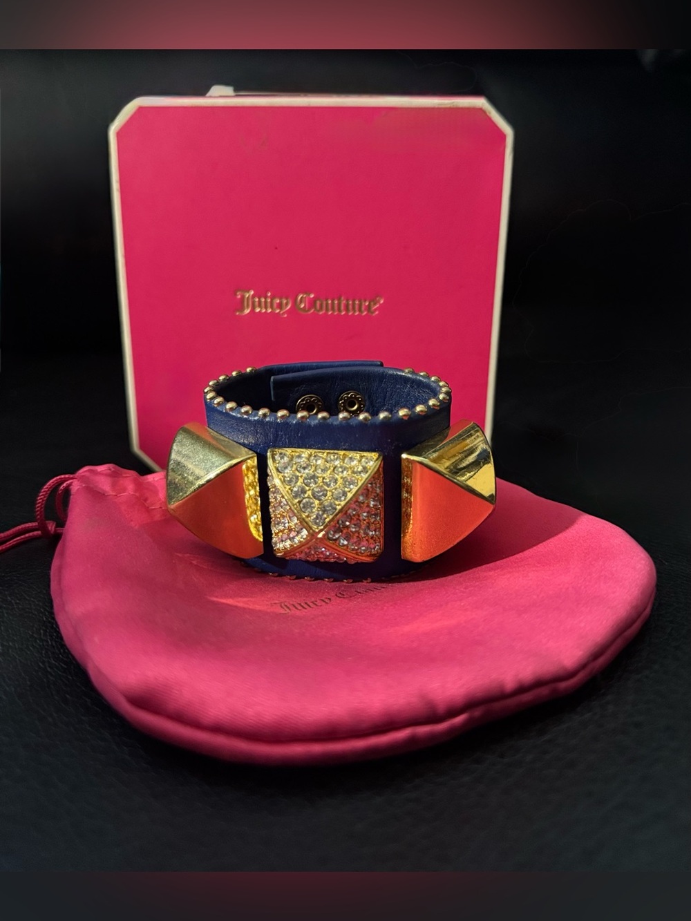 VTG Authentic Juicy Couture Y2K Blue Leather Stud Crystal Cuff Bracelet - #2012